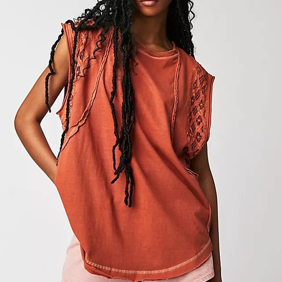 Free People Tops - Free People Table for 2 tee  Rust Lace Sleeve Muscle Tee NWOT XS